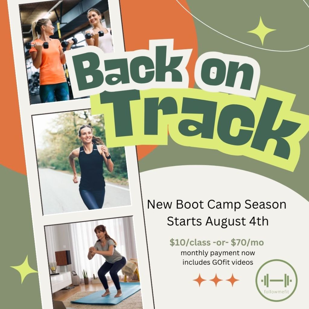 Back on Track
New Boot Camp 
Starts August 4th
$10/class -or- $70/mo
monthly payment now includes at home videos